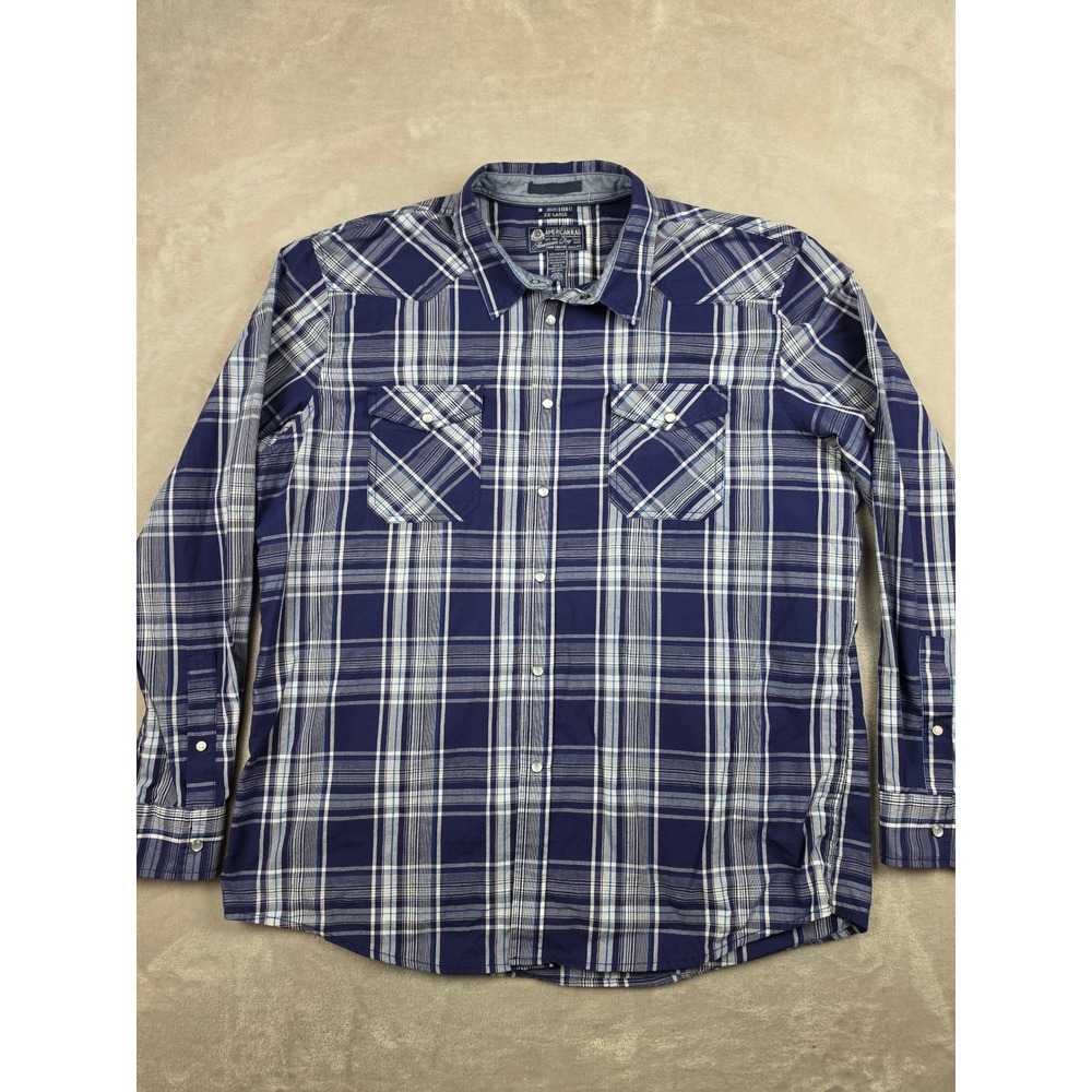 Americanโ Rag Western Shirt Mens XXL Blue Plaid Pearl Snap Long Sleeve Cowboy